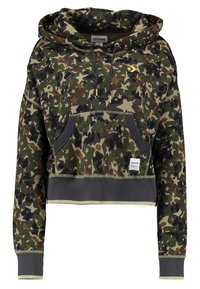 Haut à capuche court avec un motif camouflage comportant des étoiles vertes, brunes et noires. Il comprend une poche avant, des cordons de serrage et une étiquette de marque à l'ourlet.