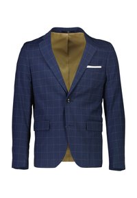 Tummansininen miesten bleiseri, jossa on ruskea ruudullinen kuosi, kaksi etutaskua läpällä, yksinäppäin suljenta, valkoinen taskuliina ja oliivinvihreä vuori.