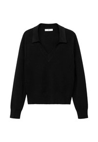 Schwarzer Pullover mit V-Ausschnitt und Kragen. Hergestellt aus weichem Material, hat er lange Ärmel und einen lockeren Schnitt.