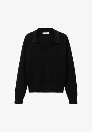 Maglione nero a collo V con colletto. Realizzato in tessuto morbido, presenta maniche lunghe e una vestibilità comoda.