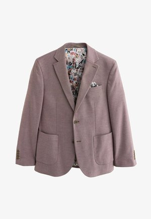 Blazer viola chiaro con tessuto strutturato, rever a lancia, due tasche frontali e fodera con motivo floreale. Include un fazzoletto da taschino.