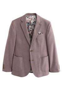Hellblaues Blazer aus strukturiertem Gewebe mit Revers, zwei vorderen Taschen und floral gemustertem Futter. Mit einer Einstecktuch.
