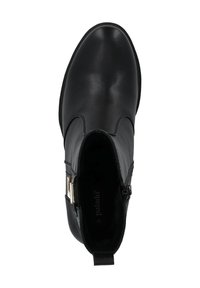 Stivaletto nero in pelle liscia con un design elegante, dotato di una cerniera laterale e un piccolo dettaglio metallico sul lato.