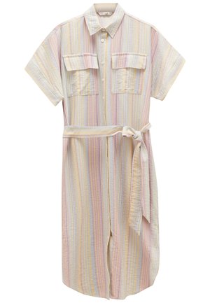 Robe chemise rayée dans des couleurs pastel, avec un devant à boutons, des manches courtes, deux poches poitrine et une ceinture nouée à la taille. Texture du tissu douce.