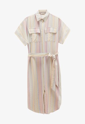 Gestreiftes Hemdkleid in pastellfarben, mit Knopfleiste, kurzen Ärmeln, zwei Brusttaschen und einem gebundenen Taillengürtel. Weicher Stoff.