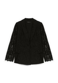 Blazer nero con maniche lunghe in pizzo, revers a punta, due tasche frontali e corpo in tessuto liscio. Dettagli in pizzo floreale testurizzato.