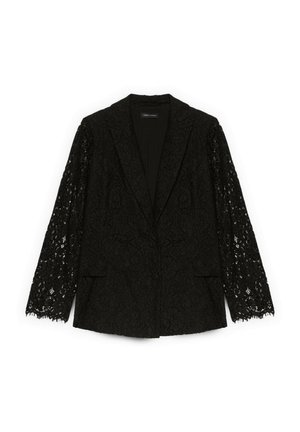 Blazer negro con mangas largas de encaje, solapa con muesca, dos bolsillos frontales y un cuerpo de tela suave. Detalles de encaje floral texturizado.