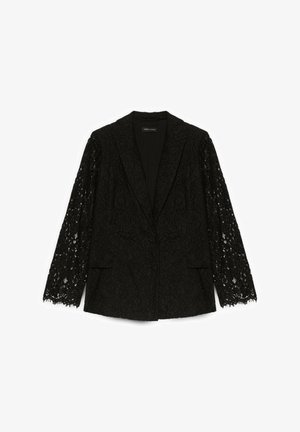Black blazer with lace long sleeves, notched lapel, two front pockets, and a smooth fabric body. Textured floral lace detailing.
