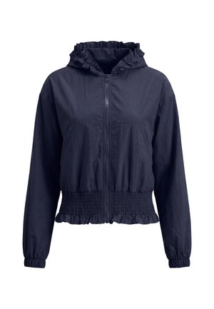 Dark navy blue zip-up jacket with hood, elastic ruffled waist and cuffs, and slight ruffle detail on hood and hem.