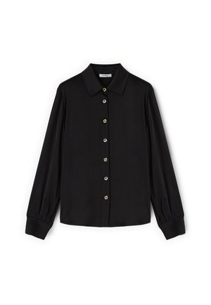 Blouse noire à manches longues en tissu lisse avec un col classique, ornée de boutons ronds dorés sur le devant et de poignets froncés.