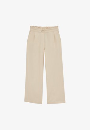 Beige wide-leg pants with a ruffled waistband and a front button closure. Made of soft fabric with subtle texture and two front pleats.
