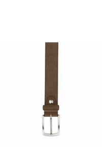 Brown leather belt with a smooth texture, featuring a silver metal buckle and a snap detail near the buckle.
