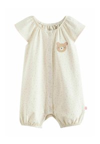 Combinaison crème pour bébé à manches courtes, boutonnée devant, petits cœurs éparpillés et un petit ours en peluche brodé sur la poitrine.