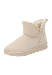 Botines Beige con material de ante suave y texturizado y un forro de felpa. Presentan costuras decorativas y una suela de goma plana.