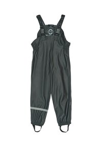 Salopette imperméable gris foncé avec bretelles réglables, taille élastique, bandes réfléchissantes et réglages aux chevilles pour un maintien sûr.