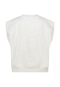 Light gray sleeveless sweater vest with a round neckline and ribbed hem, shown from the back on a white background.