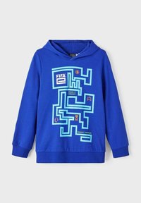 Felpa blu in cotone con un design a labirinto sulla parte anteriore. Presenta il logo FIFA, la scritta "PRONTO A GIOCARE" e vari icone sportive in colori contrastanti.