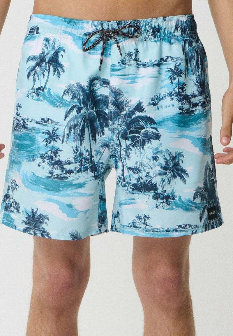 Shorts de bain bleus avec un motif tropical de palmiers, tissu léger, taille élastique avec cordon de serrage, et détail du logo sur l'ourlet.