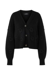 Schwarze Cardigan mit V-Ausschnitt, verziert mit Floralstickerei, fünf Knöpfen und gerippten Bündchen. Hergestellt aus weichem Material, im verkürzten Design und mit strukturierter Oberfläche.