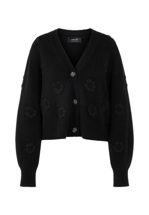Schwarze Cardigan mit V-Ausschnitt, verziert mit Floralstickerei, fünf Knöpfen und gerippten Bündchen. Hergestellt aus weichem Material, im verkürzten Design und mit strukturierter Oberfläche.