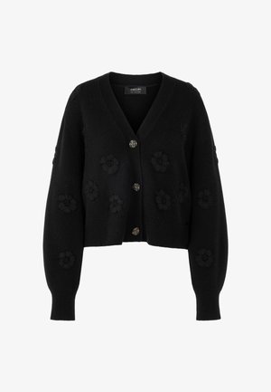 Black cardigan with a V-neck, featuring floral embroidery, five buttons, and ribbed cuffs. Made from soft material, cropped design, and textured surface.