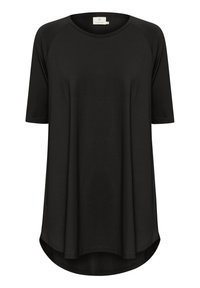 T-shirt noir à manches courtes avec un ourlet arrondi, confectionné en tissu doux. Présente des manches raglan et un col rond classique.