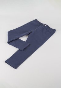 Leggings en coton bleu marine avec une taille extensible et sans fermetures visibles. Texture lisse avec un design ajusté et une coupe au niveau des chevilles.