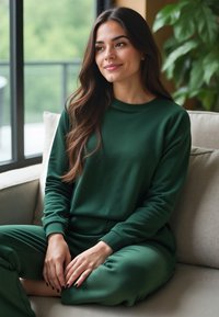 Donkergroene loungewear set van zachte stof, bestaande uit een shirt met lange mouwen en bijpassende joggers, met een relaxed fit en ribgebreide boorden.