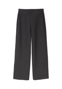 Platas kājas bikses tumši pelēkā audumā. Dizains ir ar augstu vidukli un samtainu tekstūru, nodrošinot brīvu piegriezumu bez redzamām aizdarenēm.