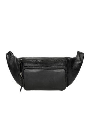 Sac banane en cuir noir avec un compartiment principal zippé et une poche avant. Présente une texture lisse et des côtés incurvés et rembourrés.