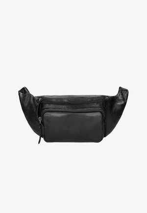 Marsupio in pelle nera con un comparto principale con zip e una tasca frontale. Caratterizzato da una texture liscia e lati curvi e imbottiti.