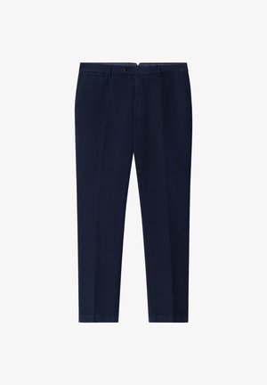 Pantaloni blu navy con taglio dritto, caratterizzati da una texture liscia, tasche frontali e chiusura a bottone in vita.