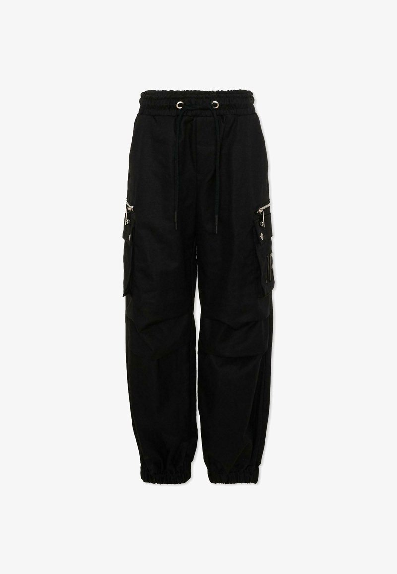 Pantalon cargo noir avec taille élastique, cordon de serrage, plusieurs poches zippées et à boutons, et poignets élastiques aux chevilles.