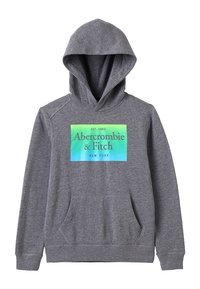 Grijze hoodie met een voorzak en een blauw-groene gradient logo met de tekst "Abercrombie & Fitch New York" op de borst.