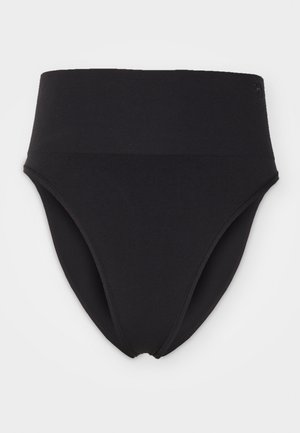 Melnas augsta vidukļa bikini apakšdaļa, kas izgatavota no gludas auduma, ar bezšuvju dizainu, pilnīgu segumu un maigu logo uz jostas.