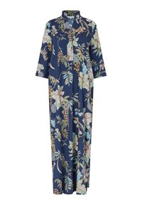 Abito maxi floreale con sfondo blu navy, caratterizzato da fiori verdi e pastello, maniche lunghe e una vestibilità ampia.