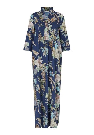 Maxikleid mit floralem Muster auf navy Hintergrund, mit grünen und pastellfarbenen Blumen, langen Ärmeln und einem lockeren Schnitt.