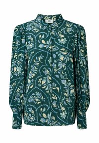 Grüne Bluse mit floralem Muster in Blau und Creme. Verfügt über einen Kragen, lange Ärmel mit Raffung und eine Knopfverschlüsse.