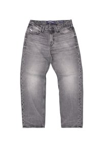 Graue Jeans aus Denim mit lockerem Schnitt, ausgestattet mit fünf Taschen, einem Knopf- und Reißverschluss sowie dezenten Verblassungen im Stoff.