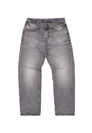 Graue Jeans aus Denim mit lockerem Schnitt, ausgestattet mit fünf Taschen, einem Knopf- und Reißverschluss sowie dezenten Verblassungen im Stoff.