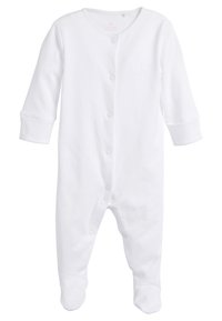 Tutina bianca in cotone con maniche lunghe, bottoni a pressione sulla parte anteriore e piedi chiusi. Texture morbida, design semplice, senza motivi o accenti.