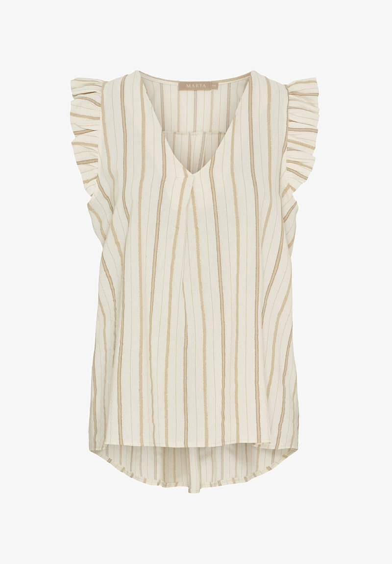 Linned kortærmet top med V-hals, med creme- og beige lodrette striber, flæser på ærmerne og en buet kant forneden i ryggen.