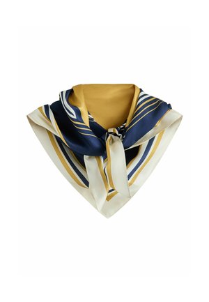 Foulard en soie avec des rayures bleu marine, or et blanc, noué en un nœud lâche, montrant une texture lisse et des couleurs vibrantes sur un fond blanc.