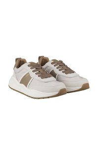 Sneakers leggeri in beige e marrone. Presentano una tomaia in tessuto, linguetta e colletto imbottiti, punta tonda e suola in gomma resistente con grip testurizzato.