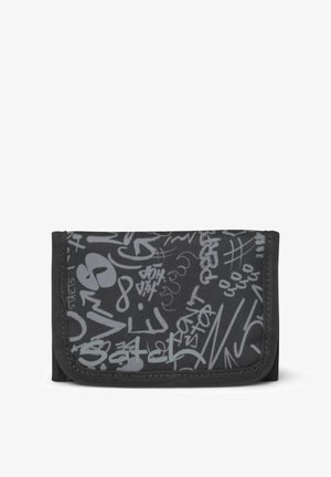 Black fabric wallet with gray graffiti-style patterns and the brand name "Satch" printed on the front flap.