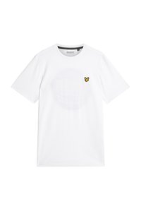 Hvid kortærmet t-shirt i bomuld med rund hals, der har et lille gult broderet logo på venstre bryst.