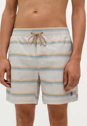 Pantaloni da bagno grigio chiaro con strisce orizzontali multicolori. Presentano una vita con cordino e un'etichetta logo sul lato destro in basso.