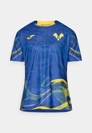 Blue sporting jersey featuring a wave pattern in yellow and green accents. Made from lightweight material with a crew neckline and short sleeves.