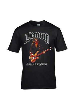 Sort bomulds T-shirt med et grafik af en guitarist, med "Lemmy" teksten ovenfor og "Stone Deaf Forever" nedenfor i hvid skrift.