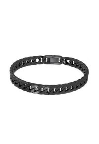 Black metal chain bracelet featuring interlocking links, a glossy finish, and a secure clasp with a brand logo.